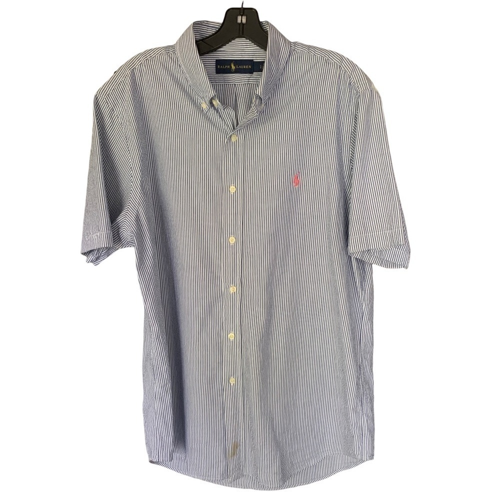 RALPH Lauren Seersucker Blue Striped Pink Logo Short Sleeve Buttondown Sz L